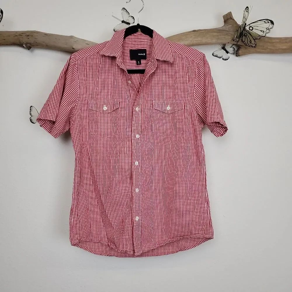 Hurley red and white gingham short sleeve shirt